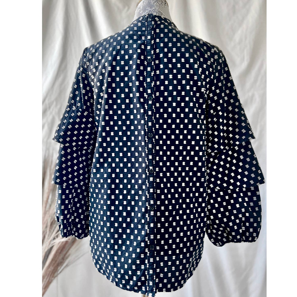 LOFT Petite Black and White Textured Ruffle Sleeve Cotton Blouse - Picture 2 of 7